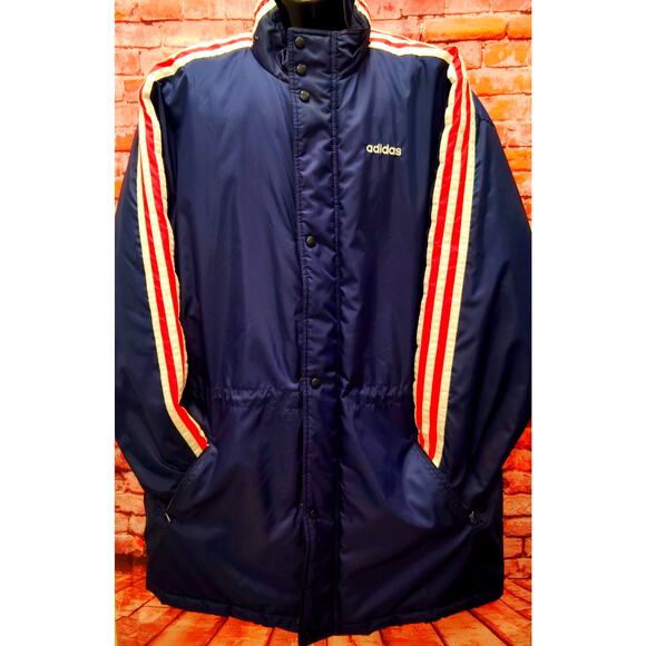 Adidas Original Soccer Parka Jacket Men's XL Navy 3 Striped Softshell Snap Front - Picture 1 of 10